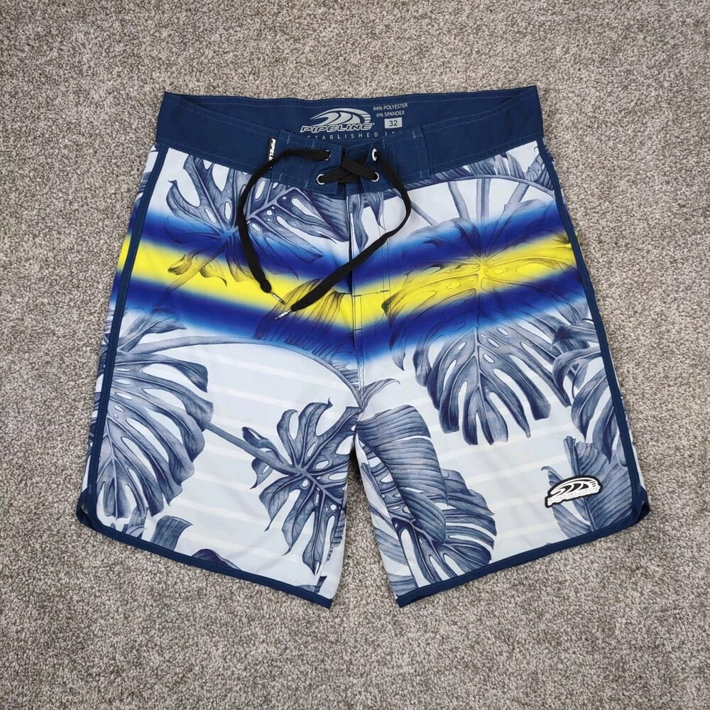 Pipeline Shorts Men 32 Blue Yellow Tropical Hawaiian Boardshorts Hybrid Surf